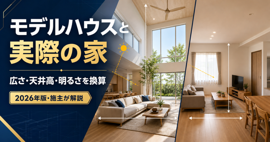 モデルハウスと実際の家の広さ・天井高・明るさを比較する2026年版アイキャッチ
