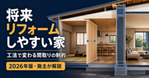 将来リフォームしやすい家と工法による間取り変更の制約を示す2026年版アイキャッチ